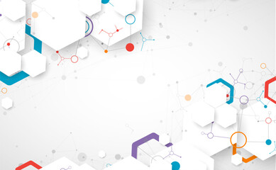 Scientific abstract background. White hexagons with a plexus effect and circles connected by lines. Hand drawn vector.