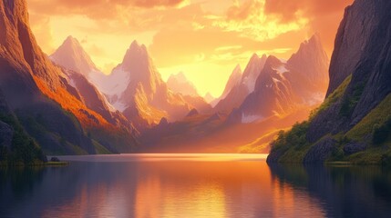 A serene lake nestled between towering peaks, glowing softly under the golden hour's warm light