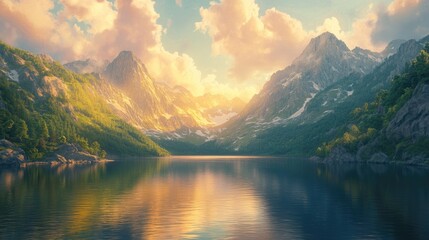 A serene lake nestled between towering peaks, glowing softly under the golden hour's warm light