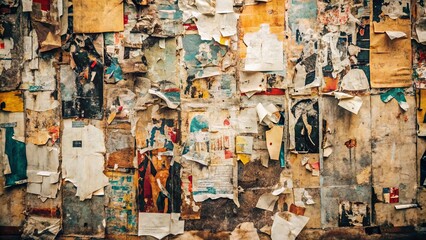 Fototapeta premium A textured collage of layered, weathered paper scraps and faded posters on a wall