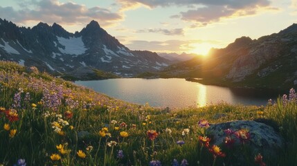 A serene mountain lake at golden hour, framed by vibrant wildflowers and distant peaks