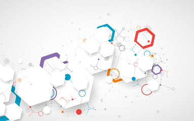 Scientific abstract background. White hexagons with a plexus effect and circles connected by lines. Hand drawn vector.