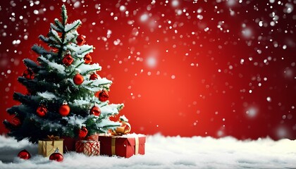 Obraz premium Decorated Christmas tree with falling snow, red background, gifts underneath. Perfect for holiday greeting cards, festive backgrounds, winter designs
