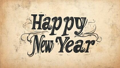 Vintage-style Happy New Year card with distressed paper and old-fashioned font, muted earthy colors