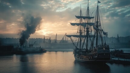 Fototapeta premium Majestic Galleon at Sunset Harbor: A Breathtaking View of a Historic Ship Docked in a Misty Port City at Dusk