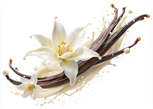 Dried vanilla sticks with vanilla flowers on Milk splash isolated on white background