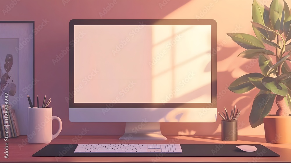 Poster modern workspace with computer keyboard and plant