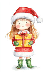 Fototapeta premium Watercolour painting of happy cute little girl wearing Santa Claus costume holding gift box over white background, Happy new year and merry Christmas concept, illustration poster