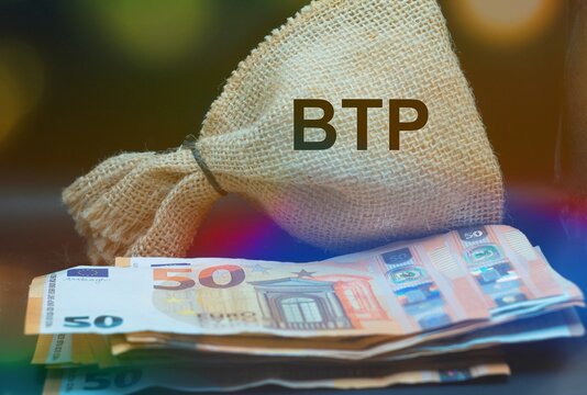 European banknotes with &ldquo;BTP&rdquo; in a rough burlap sack translating as Italian government bonds.