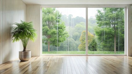 Fototapeta premium Serene Minimalist Room with Large Window Overlooking Rain-Soaked Greenery and a Lush Potted Plant