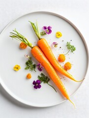 Fresh carrots garnished with edible flowers on a white plate, showcasing vibrant colors.