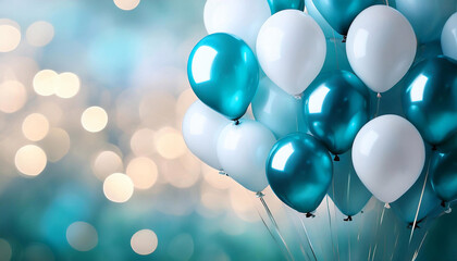 Party, tło na urodziny lub uroczystość, impreza, radosna atmosfera, świętowanie, konfetti i białe i niebieskie balony