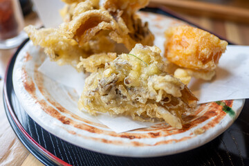 Ginzan onsen, Yamagata, Japan, Fried food platter with various crispy items.