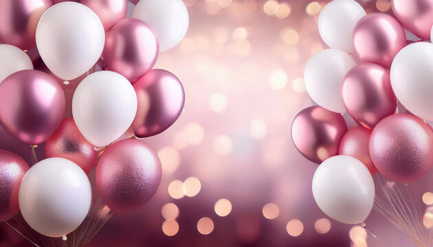 Party, tło na urodziny lub uroczystość, impreza, radosna atmosfera, świętowanie, konfetti i białe i r&oacute;żowe balony
