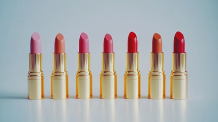 Obraz premium Seven gold lipsticks in a row, showcasing a gradient of pink and red shades.