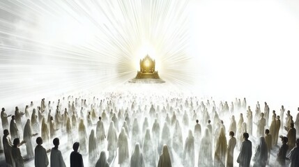 throne in heaven with angels and people in white depicting second coming of Christ