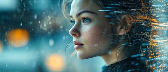 AI Cyborg Woman Analyzing Big Data Flow with Machine Learning Neural Network Training in Futuristic Image Cascade