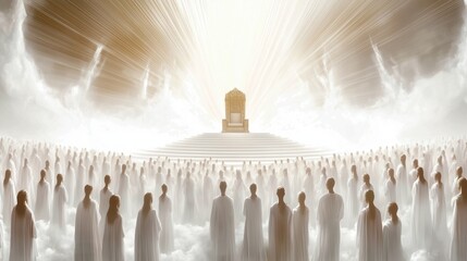 throne in heaven with angels and people in white depicting second coming of Christ
