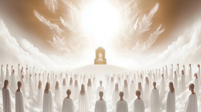 throne in heaven with angels and people in white depicting second coming of Christ