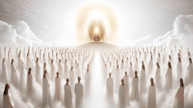 throne in heaven with angels and people in white depicting second coming of Christ