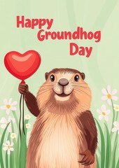 Fototapeta premium Springtime Groundhog Day Card Concept. Cute cartoon groundhog holding a heart balloon for Groundhog Day