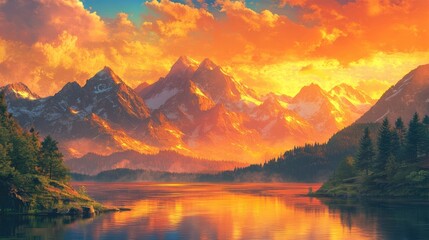 A breathtaking mountain landscape with a calm lake glowing under a vibrant golden hour sky