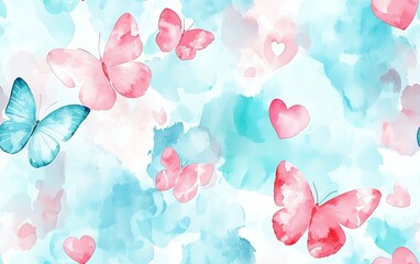 Romantic watercolor butterfly and heart pattern, soft aqua and pink gradient, fluid interconnected design