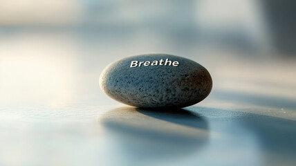 Smooth stone with 'Breathe' text in a serene setting.