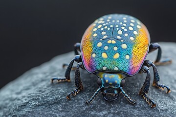 A colorful iridescent beetle with white spots on a rock