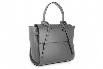 Deep gray leather purse handbag with grey rivets isolated white background. Gray bag fashion. White bags woman fashion. Black style