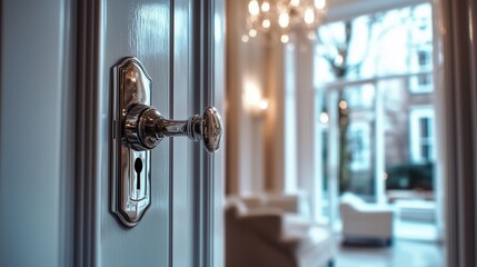 Obraz premium A house door slightly open showing a modern living room