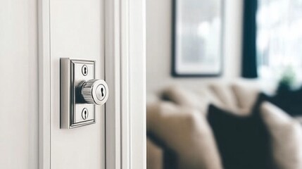 Naklejka premium A house door slightly open showing a modern living room
