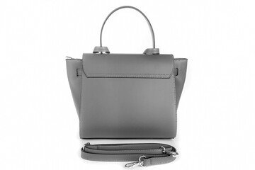 Deep gray leather purse handbag with grey rivets isolated white background. Gray bag fashion. White bags woman fashion. Black style