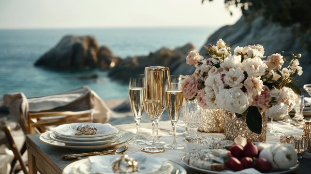 Elegant beachfront dinner table setting with floral centerpiece seaside photography relaxing aesthetic appeal