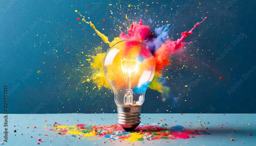 Poster creative explosion of ideas a colorful light bulb burst with paint signifying new concepts and brain