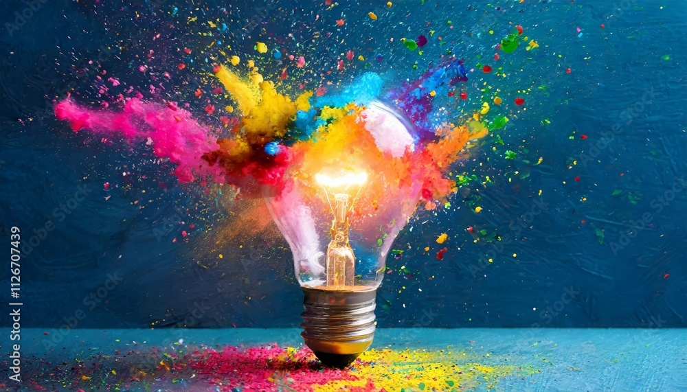 Poster creative explosion a light bulb bursting with vibrant colors and paint symbolizing new ideas and bra