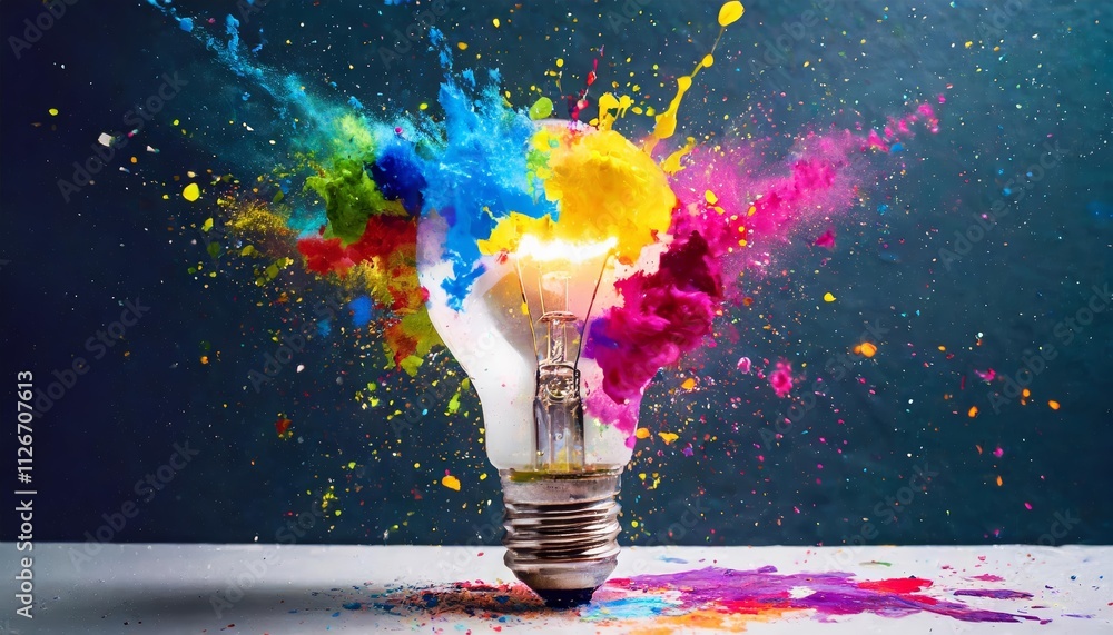 Poster creative light bulb explosion a vivid display of colorful paint representing innovative ideas and br