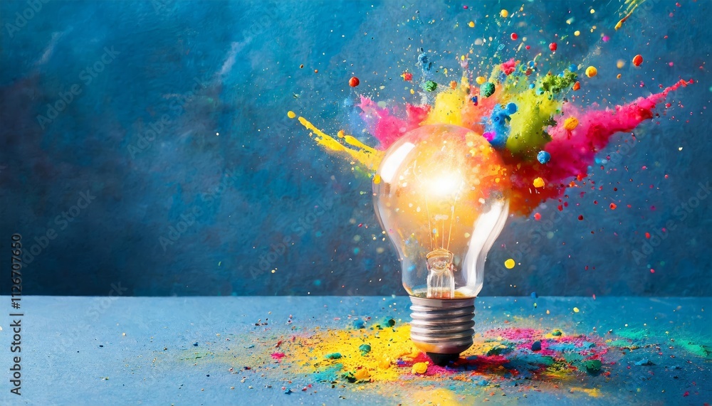 Poster creative light bulb explodes with colorful paint a vibrant representation of new ideas and brainstor