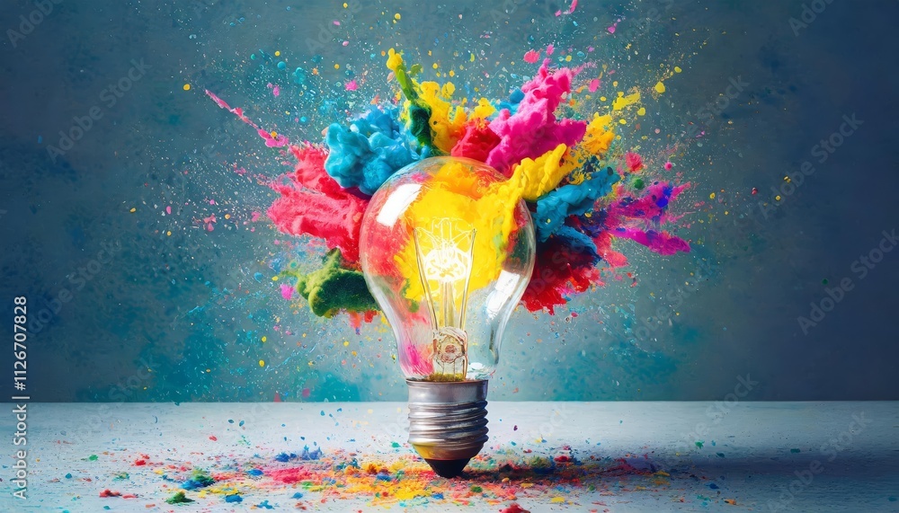 Poster creative explosion a light bulb bursting with colorful paint symbolizing new ideas and brainstorming