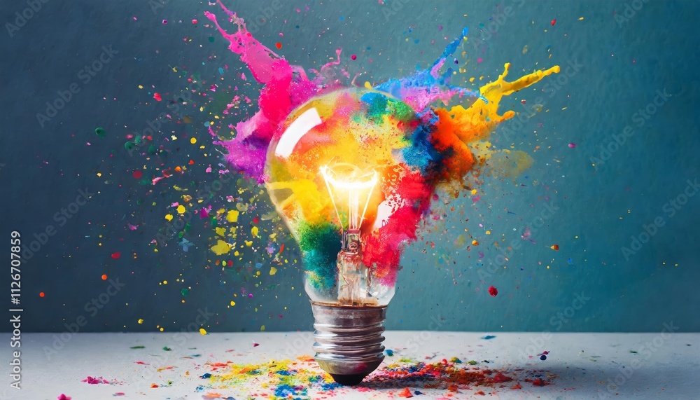 Poster creative explosion a light bulb bursts with vibrant colors, symbolizing new ideas and the power of b