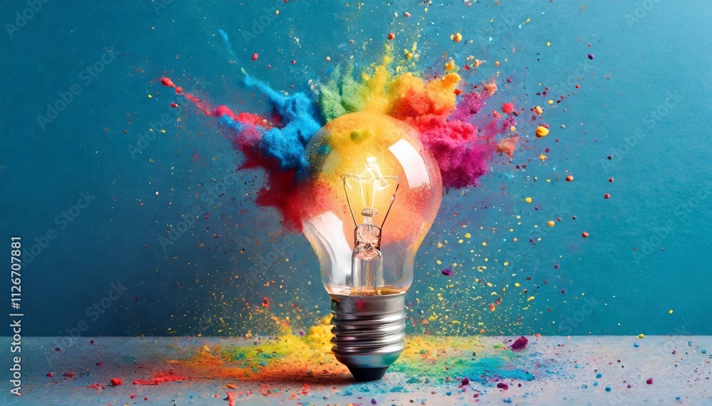 Poster creative light bulb explodes with colorful paint a vibrant representation of new ideas and brainstor