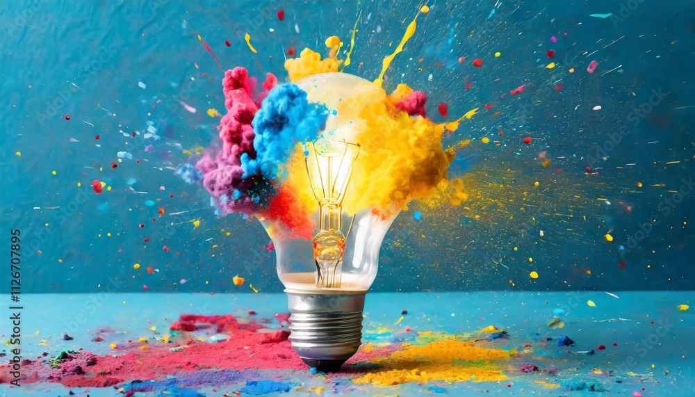 Poster creative light bulb explodes with colorful paint a vibrant representation of new ideas and brainstor
