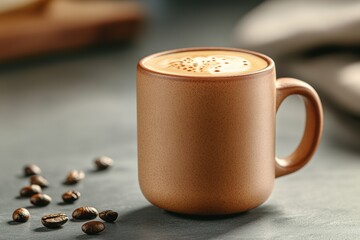 morning coffee scene, clay mug with cappuccino on counter, scattered coffee beans aroma of freshly brewed espresso fills the kitchen