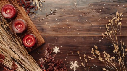 Candles and Dried Flowers on Wooden Background