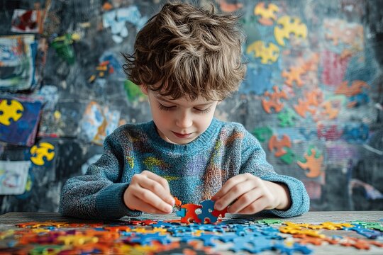 A child with pieces of colourful jigsaw puzzles. Symbol of the World Autism Awareness Day. Second of April