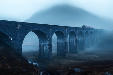 Train crossing a misty viaduct in the Scottish Highlands