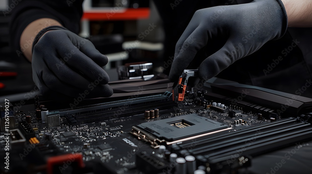 Poster gloved hands installing computer component on motherboard