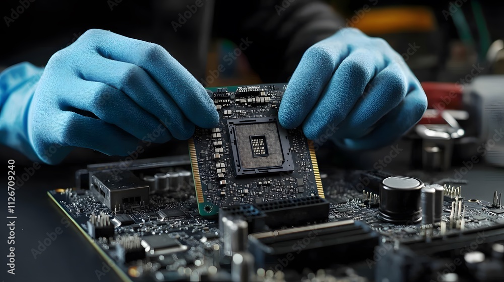 Poster gloved hands carefully install a computer processor
