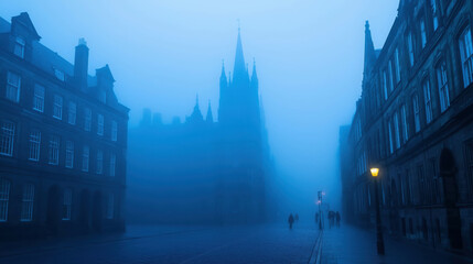 Obraz premium Dreamlike Twilight Streets of a Foggy City at Dusk with Eerie Shadows