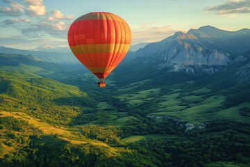 Obraz premium A colorful hot air balloon floating over a scenic valley.